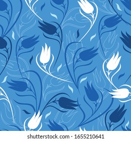 Seamless pattern with blue and white tulips on a blue background