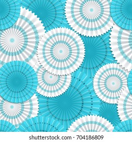 Seamless pattern of blue and white umbrellas.Floral background of flowers cut from paper.