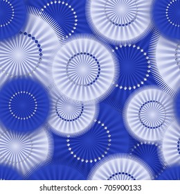 Seamless pattern of blue and white umbrellas.Floral background of flowers cut from paper.