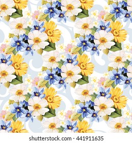 Seamless pattern blue white yellow flowers Vector Illustration EPS8