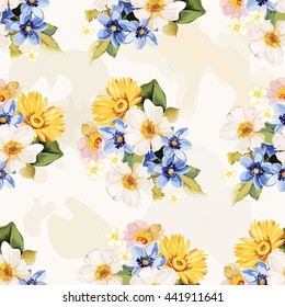 Seamless pattern blue white yellow flowers Vector Illustration EPS8