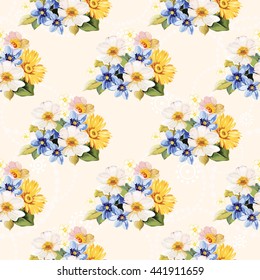 Seamless pattern blue white yellow flowers Vector Illustration EPS8