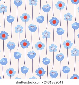 Seamless pattern with blue wildflowers on a white background. Meadow flowers, floral summer vector illustration. Bright spring botanical background, modern style design