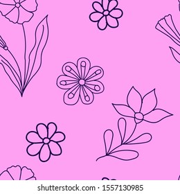Seamless pattern, blue wildflowers. Plants on a pink background. Hand drawn vector illustration. The idea of designing textiles, wallpaper, wrapping paper. Delicate color.