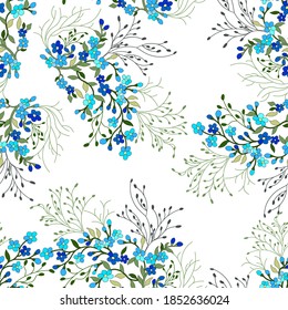 Seamless pattern blue wildflowers,turquoise buttercups,gray twigs,stylized,hand drawn, on a white backgroundfor cover,for fabric,for wrapping paper,for printing,for wallpaper