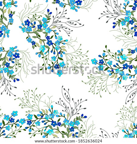 Seamless pattern blue wildflowers,turquoise buttercups,gray twigs,stylized,hand drawn, on a white backgroundfor cover,for fabric,for wrapping paper,for printing,for wallpaper