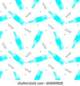 Seamless pattern with blue wine bottles in hand drawn style on white background.