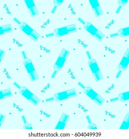 Seamless pattern with blue wine bottles in hand drawn style on light blue background.