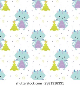 seamless pattern of blue winged dragon and christmas tree, cartoon vector illustration with symbol of new year, background  for packaging, wallpaper