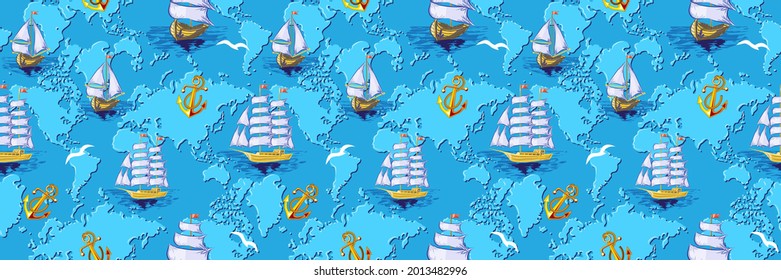 Seamless pattern blue World map with golden anchor and sailing ships Hand drawn in vintage style. Perfect for textiles, wallpaper and print vector illustration

