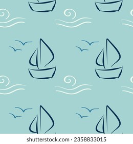 Seamless pattern with blue yachts on light blue background. Vector illustration. Textile print.