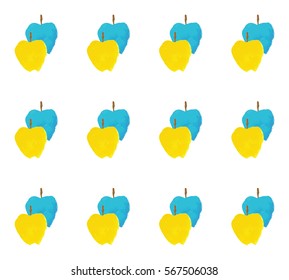 Seamless Pattern with Blue and Yellow Apples Isolated on White Background. Watercolor Hand Drawn Illustration.