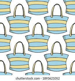 Seamless pattern with blue and yellow bags on white background. Vector image. 