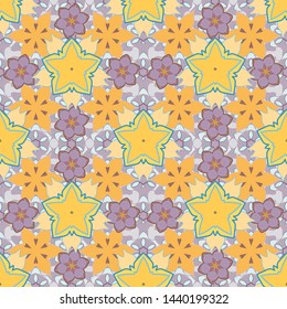 Seamless pattern in blue, yellow and beige colors. Vector sketch with motley ornament.