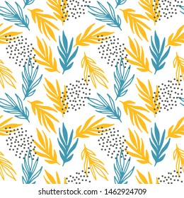 Seamless pattern of blue and yellow branches with dots on white background, simple vector illustration.