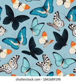 Seamless pattern with blue and yellow butterflies