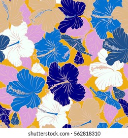 Seamless pattern in blue and yellow colors. Vector hand drawn painting of blue and yellow hibiscus flowers.