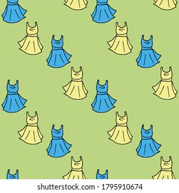 Seamless pattern with blue and yellow dresses on green background. Vector image. 