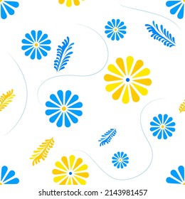 Seamless pattern with blue and yellow flowers. Ornamental folk art. Perfect for wrapping paper, textile, interior or web design. 