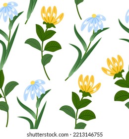Seamless pattern with blue and yellow flowers. Floral decorative vector  background,  plants, botanical design for fashion, fabric, wallpaper