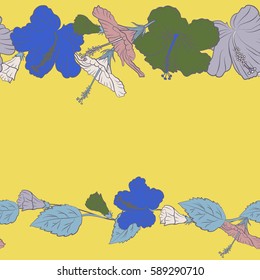 Seamless pattern with blue and yellow flowers and copy space (place for your text). Vector illustration. Vector illustration of blue and yellow hibiscus flowers.