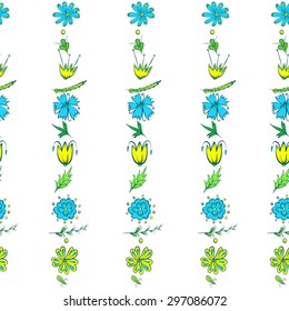 Seamless pattern with blue and yellow flowers.Vertical lines.