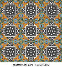 Seamless pattern in blue, yellow and gray colors. Vector abstract home decorative ornament, Containing from geometric figures and mandalas.