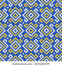 Seamless pattern with blue and yellow Greek key, ethnic art style, design graphic perfect square shapes. Abstract geometric background, perfect for fabric pattern, wallpapers, scrapbook paper