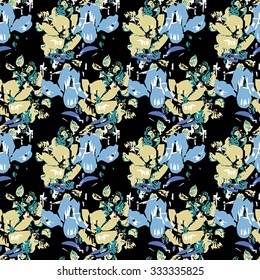 Seamless pattern with blue. yellow and green elements on black background