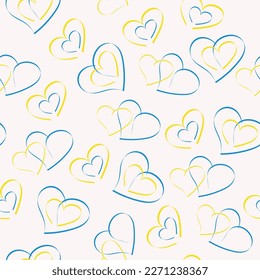 Seamless pattern with blue and yellow hearts on a light background. Colors of the flag of Ukraine. Pattern with Ukrainian national symbol.
