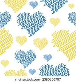 Seamless pattern of blue and yellow hearts in form of children drawings on white background. Stylized romantic or Ukrainian endless motif