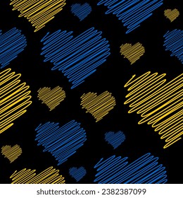 Seamless pattern of blue and yellow hearts in form of children drawings on black background. Stylized romantic or Ukrainian endless motif
