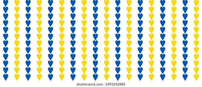Seamless pattern with blue and yellow hearts that are neatly aligned in columns on a transparent background. Simple solid pattern for wrapping paper, gift paper, pillows or other. Vector illustration
