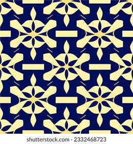 Seamless pattern with blue and yellow hues featuring white flowers, creating a symmetrical design. Ideal for fabric and repetitive visual motifs.
