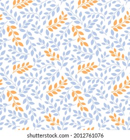 Seamless pattern with blue and yellow leaves and branches on a white background. Vector illustration in simple scandinavian cartoon style