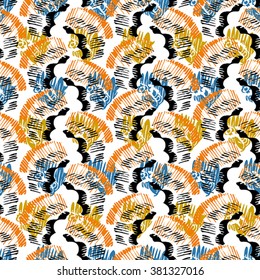 Seamless pattern with blue, yellow, orange and black elements on white background