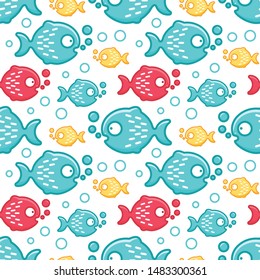 Seamless pattern with blue, yellow and pink fishes. Vector illustrattion