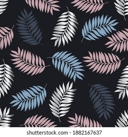 Patrón sin foco con hojas tropicales azules, amarillas y rosas sobre fondo gris. Impresión de tejido. Ilustración vectorial.