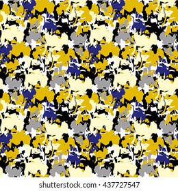 Seamless pattern with blue, yellow, pink and white elements on black background