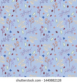 Seamless Pattern with Blue, Yellow and Red Flowers and Butterflies and Ladybugs