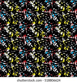 Seamless pattern with blue, yellow, red and white elements on black background