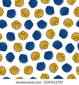 Seamless pattern with blue and yellow seashell