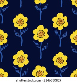 Nahtloses Muster mit blauen und gelben Blumen. Vektorgrafik