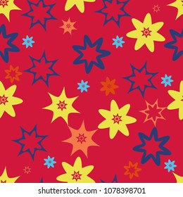 Seamless pattern of blue and yellow stars on a red background