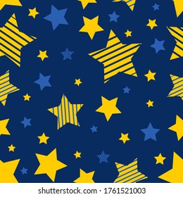 Seamless pattern of blue and yellow stars on a blue background