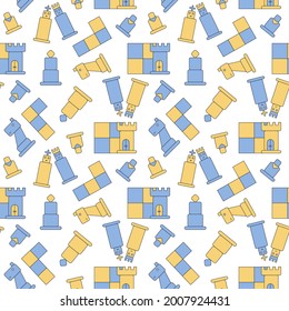 seamless pattern with blue and yellow stylized chess pieces and cells of chess battlefield vector background
