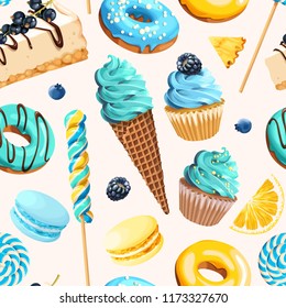 Seamless pattern with blue and yellow sweets