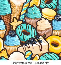 Seamless pattern with blue and yellow sweets