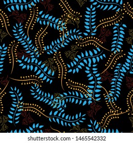 Seamless pattern of blue and yellow tree branch and red flower on black background for paper work, fabric business, wallpaper or background. Vector design.
