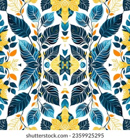 Seamless pattern with blue and yellow tropical leaves. Vector illustration.